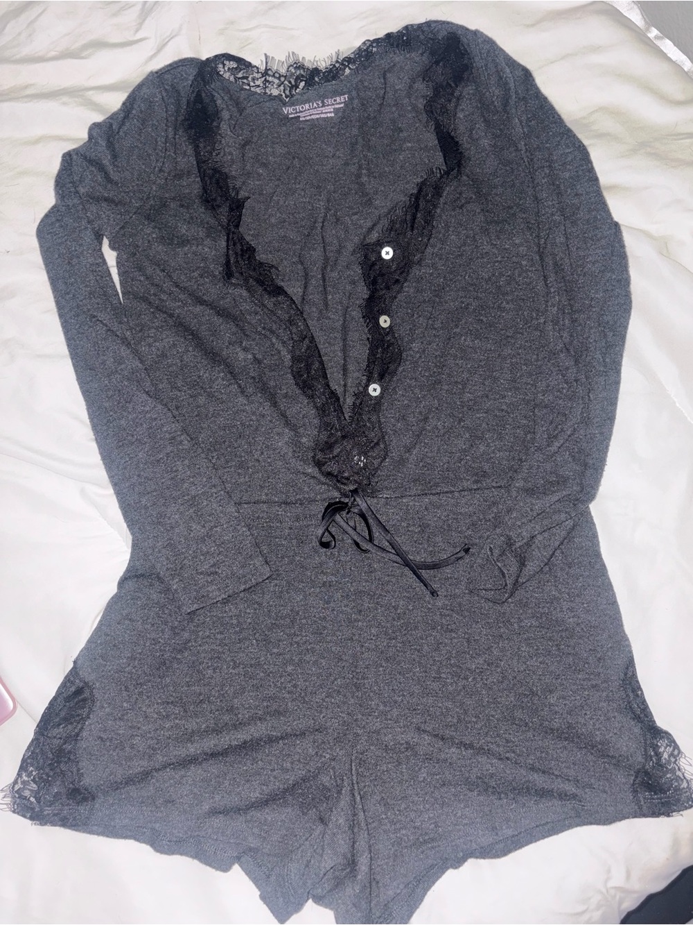 Victoria's Secret Charcoal Gray Lace-Trim Long Sleeve Romper